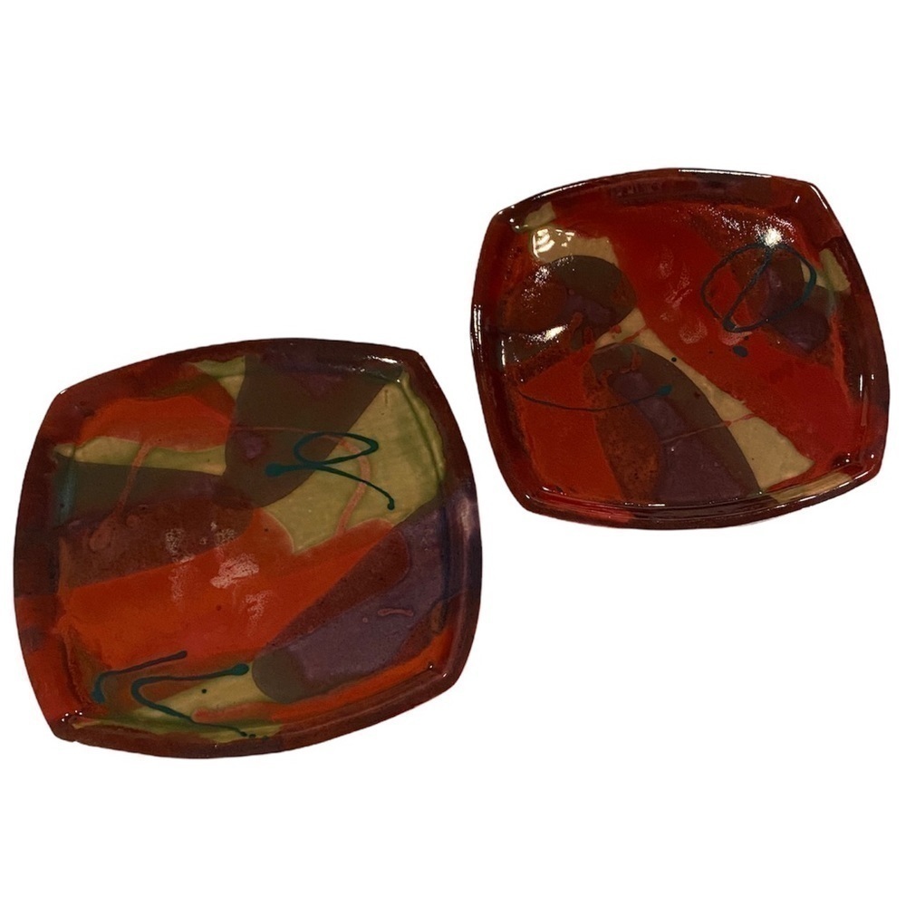 Signed Studio Art Pottery Square Plates Set of 2 Abstract Glaze Modernist